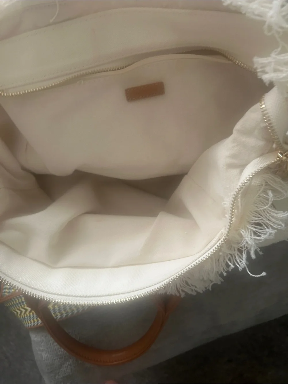 Cream Canvas Tote with Tan Handles and Removable Patterned Strap